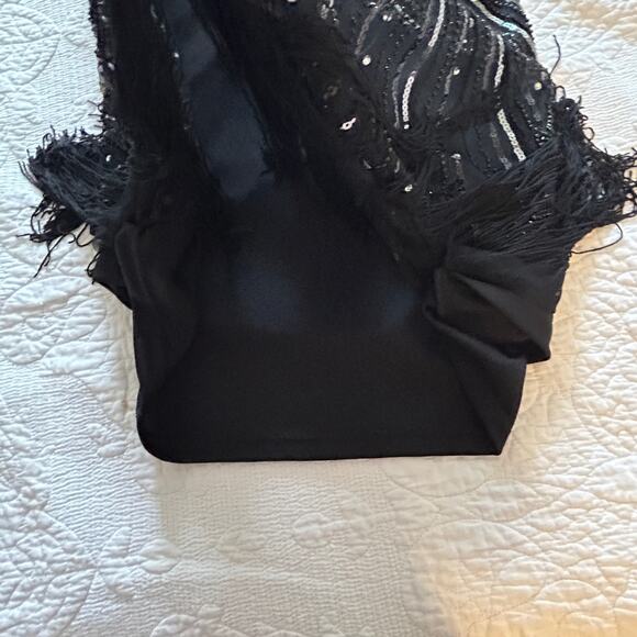Pretty Guide 2XL Black Bead Silver Sequin Dress Cap Sleeve Fringe Bottom Lined - Picture 9 of 16